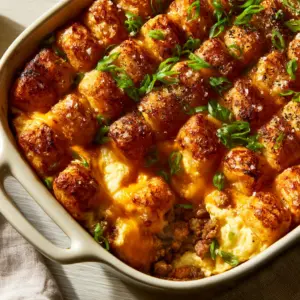 High-angle view of a ceramic dish filled with a breakfast casserole recipe showing golden-brown potato ridges and bubbling cheese.