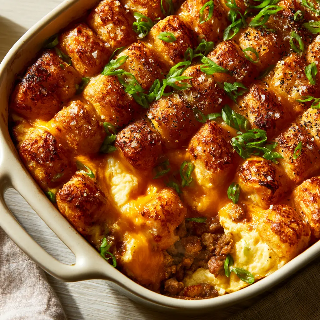 High-angle view of a ceramic dish filled with a breakfast casserole recipe showing golden-brown potato ridges and bubbling cheese.