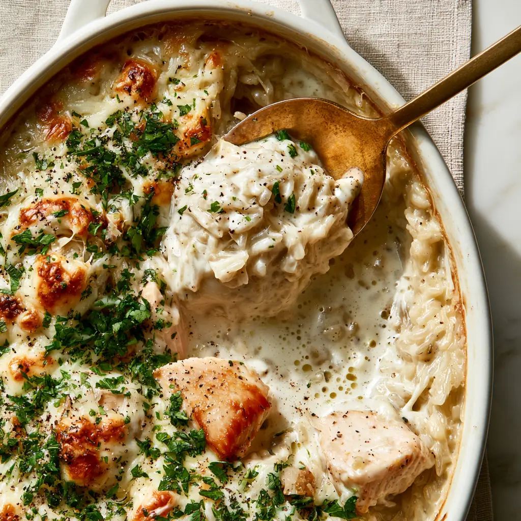 Detailed shot of melted mozzarella and cheddar on a creamy chicken and rice casserole with cracked black pepper.