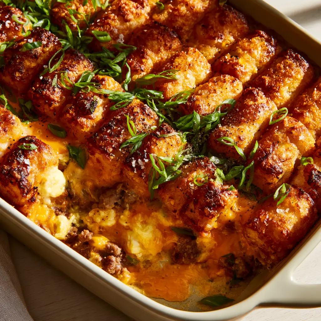 A lifted corner of the breakfast casserole recipe revealing steam-rising fluffy eggs and savory pork sausage crumbles.