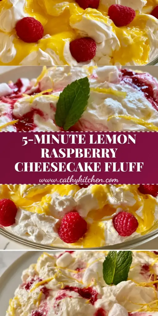 A tall glass bowl filled with billowy lemon raspberry fluff, featuring yellow lemon curd swirls and whole red raspberries on a marble surface.