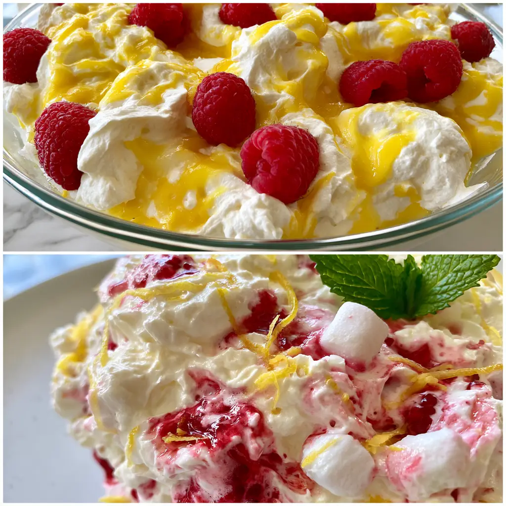Top-down view of billowy peaks of lemon raspberry fluff with vibrant yellow curd swirls and fresh whole raspberries.