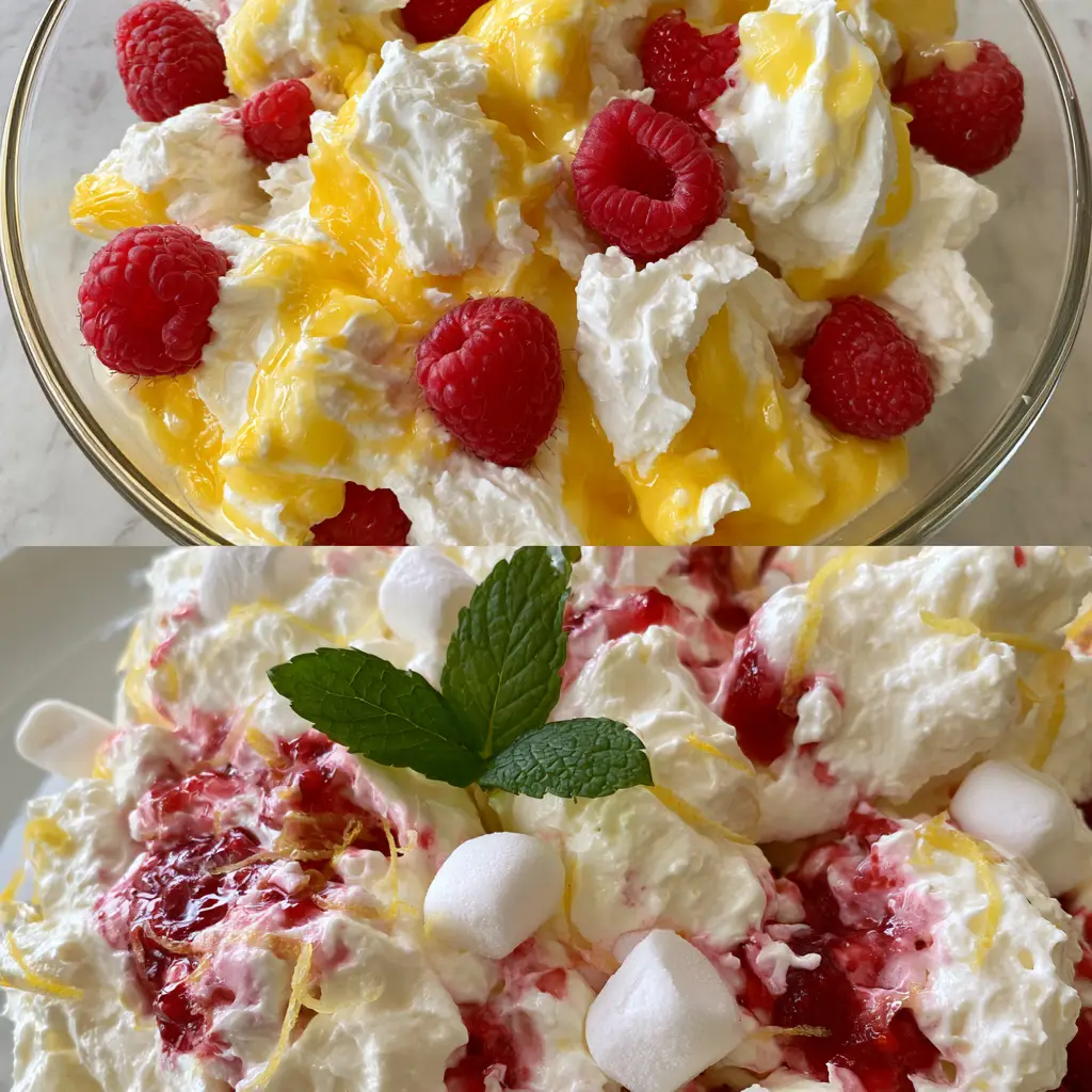 Extreme macro close-up of lemon raspberry fluff showing the aerated texture, mini marshmallows, and thin ribbons of lemon zest.