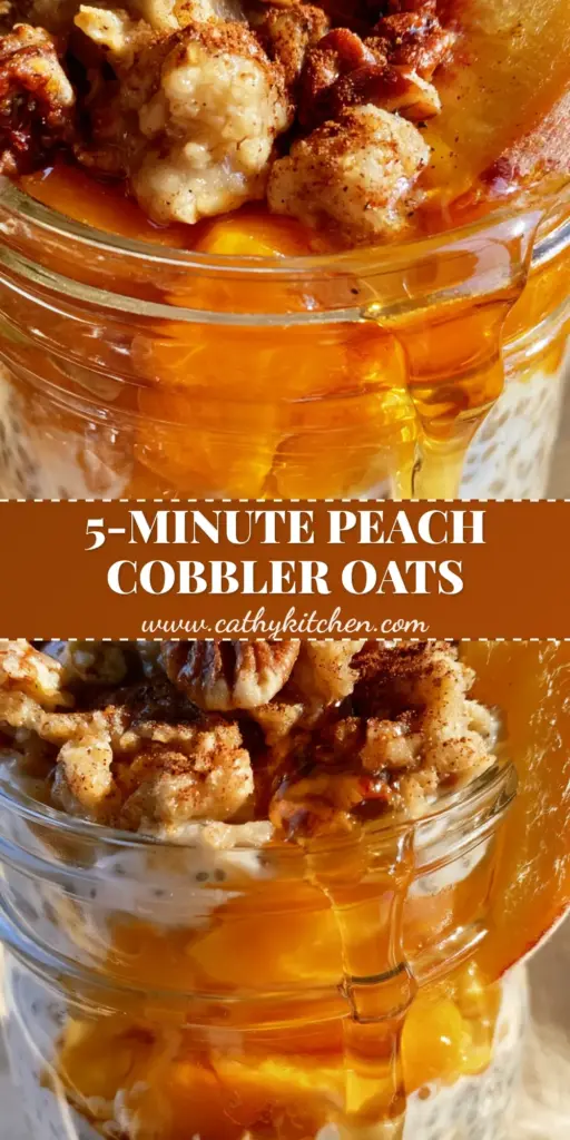A tall glass mason jar filled with layered overnight peach cobbler oatmeal topped with golden crumble, pecans, and a maple syrup drizzle.