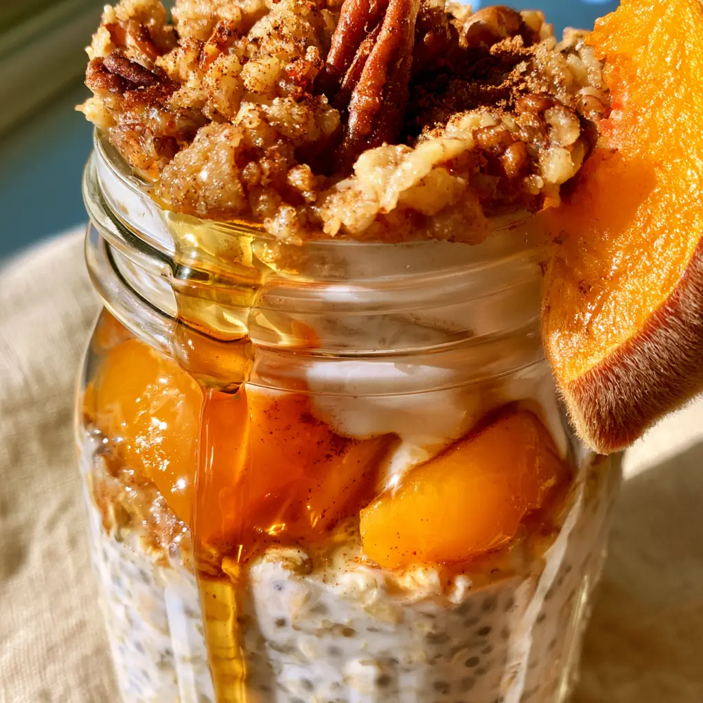 Extreme macro close-up of cinnamon-glazed peach chunks and creamy oats in a jar (overnight peach cobbler oatmeal).