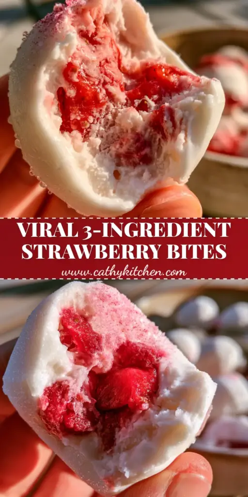A tall Pinterest pin graphic showing several frozen yogurt bites dusted with pink powder on a wooden table. (frozen yogurt bites)