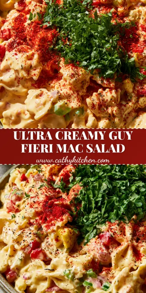 Guy Fieri mac salad: The Ultimate Flavortown BBQ Side Dish 4 A vertical high-angle close-up of Guy Fieri mac salad in a rustic ceramic bowl with bow-tie pasta, pimentos, and a mountain of parsley.