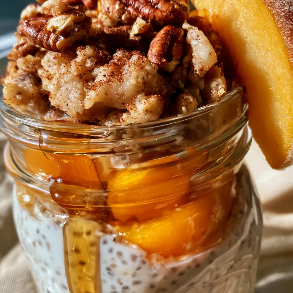 Close-up of golden oat crumble and toasted pecans on top of overnight peach cobbler oatmeal.