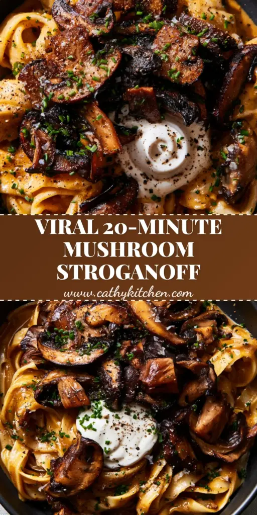 Mushroom Stroganoff Recipe: The Ultimate Creamy Umami Comfort Food 4 A vertical shot of a mushroom stroganoff recipe with wide egg noodles, seared mushrooms, and fresh chives in a black bowl.