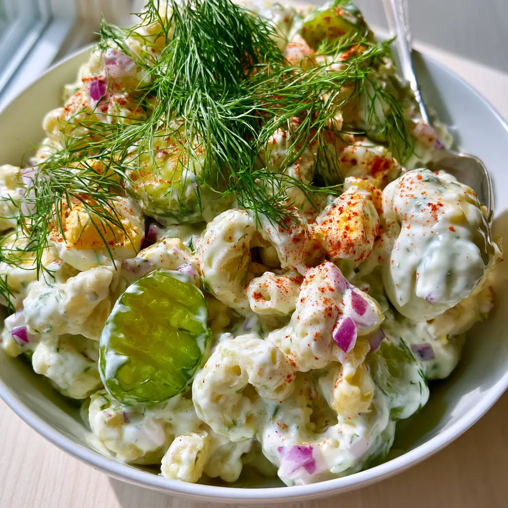 Dill Macaroni Salad With Creamy Dressing and Fresh Herbs 2 Close-up of creamy dill macaroni salad showing the texture of the thick dressing and fresh herbs.