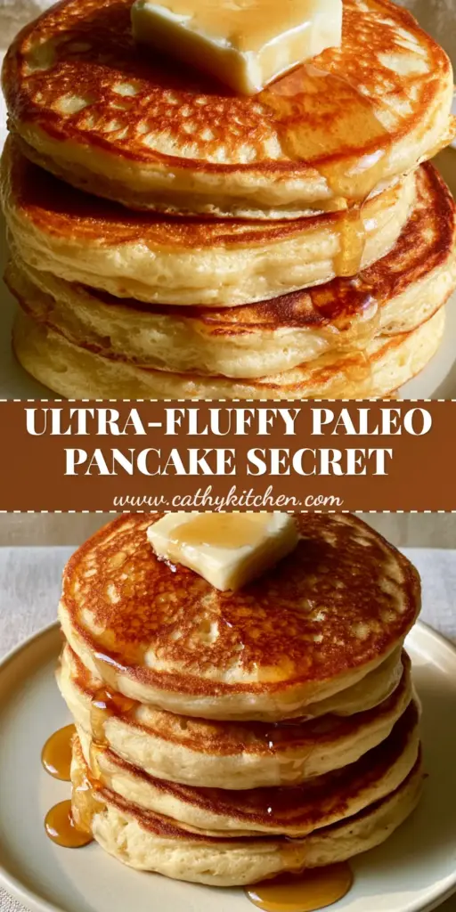 A tall stack of four thick, golden-brown Paleo pancakes topped with melting butter and amber maple syrup on a matte cream ceramic plate.
