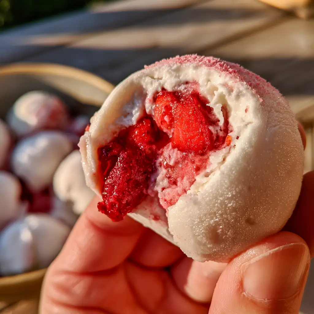 A hand holding a half-bitten frozen yogurt bite revealing juicy strawberry chunks inside. (frozen yogurt bites)