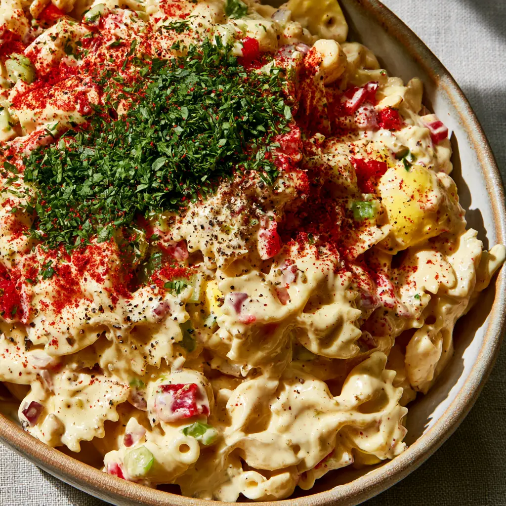 Guy Fieri mac salad: The Ultimate Flavortown BBQ Side Dish 2 Close up of creamy Guy Fieri mac salad showing the viscous dressing and physical layers of eggs and celery.