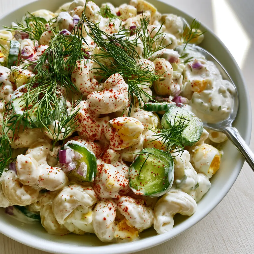 Dill Macaroni Salad With Creamy Dressing and Fresh Herbs 1 A handheld smartphone photo of dill macaroni salad being scooped with a silver spoon.