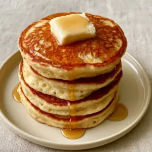 Close up of sponge-like porous texture on the side of a Paleo pancake stack with golden-orange lacy patterns.