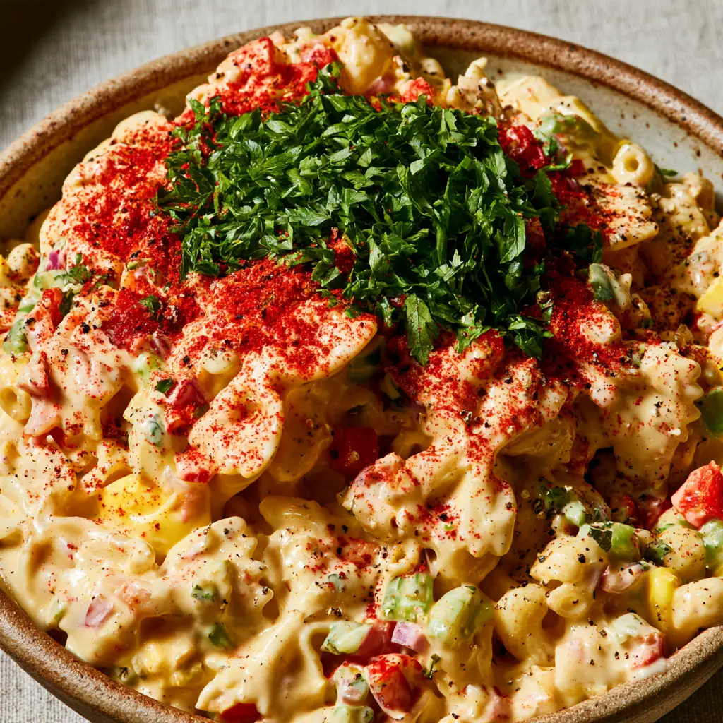 Guy Fieri mac salad: The Ultimate Flavortown BBQ Side Dish 1 Overhead shot of Guy Fieri mac salad dusted with smoked paprika and fresh flat-leaf parsley.
