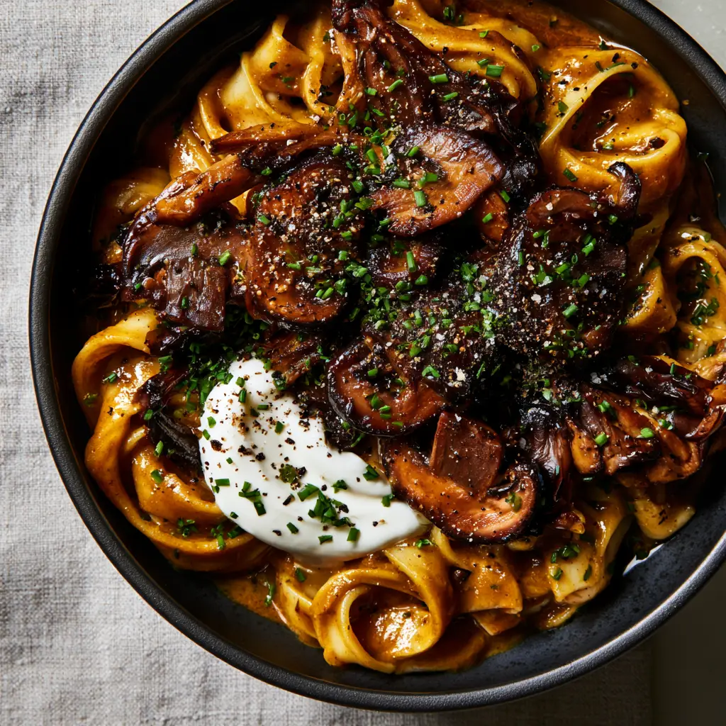 Mushroom Stroganoff Recipe: The Ultimate Creamy Umami Comfort Food 1 Close up of wide ribbon egg noodles smothered in a garlic-infused cream sauce for a mushroom stroganoff recipe.