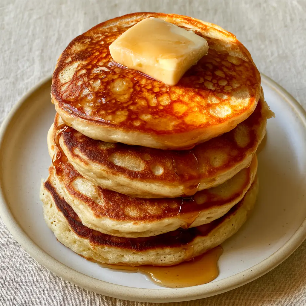 Side-lit shot of maple syrup dripping down a tall stack of four grain-free Paleo pancakes on a neutral linen background.