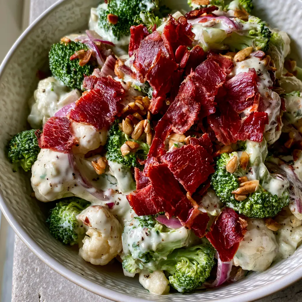 Handheld smartphone style photo of a textured ceramic bowl filled with creamy broccoli and cauliflower salad garnished with purple onions and golden sunflower seeds.