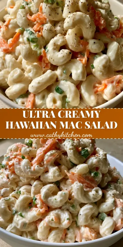 A premium white bowl piled high with creamy Hawaiian macaroni salad, showing glossy noodles and orange carrot shards. (macaroni salad recipes)