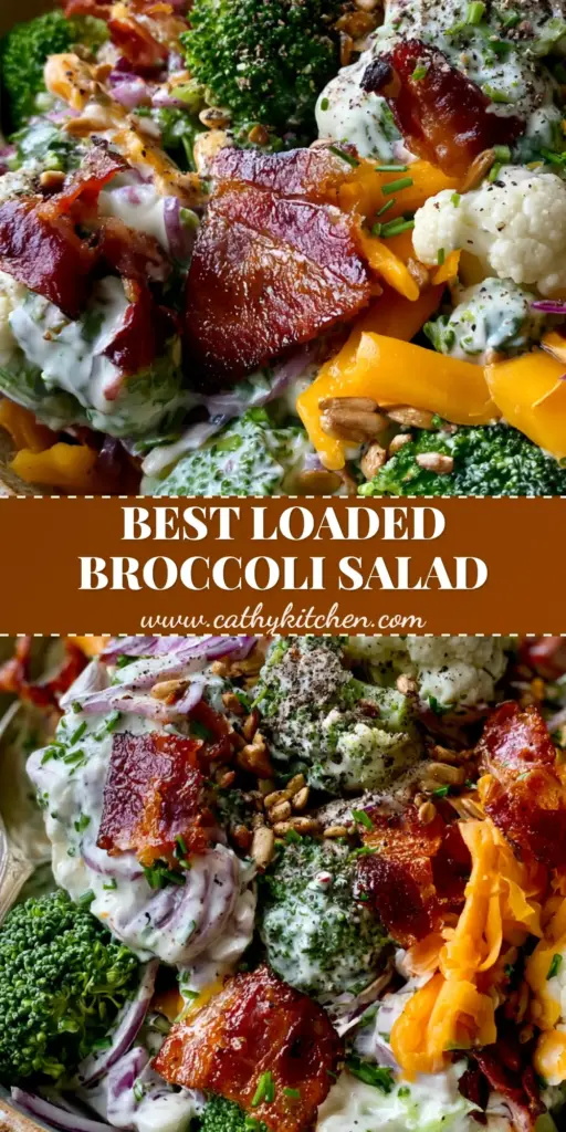 A close-up shot of Loaded Broccoli Cauliflower Salad in a rustic bowl featuring emerald broccoli, white cauliflower, and crispy bacon chunks.