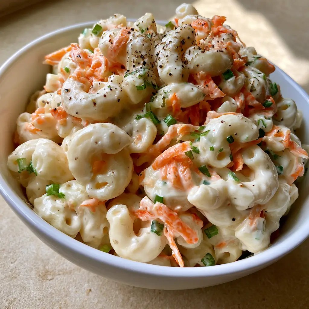 Close up of soft-boiled elbow macaroni coated in thick heavy mayonnaise dressing with cracked black pepper. (macaroni salad recipes)