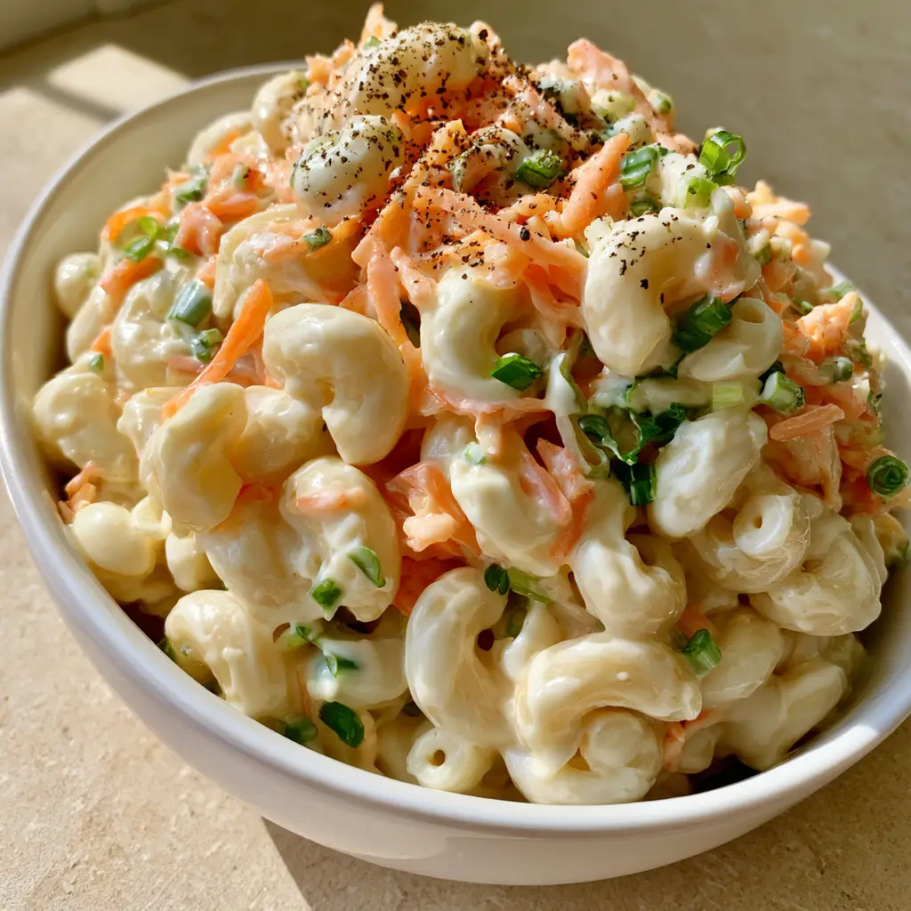 Smartphone photo of Hawaiian macaroni salad with thin shredded carrots and green scallions on a beige countertop.