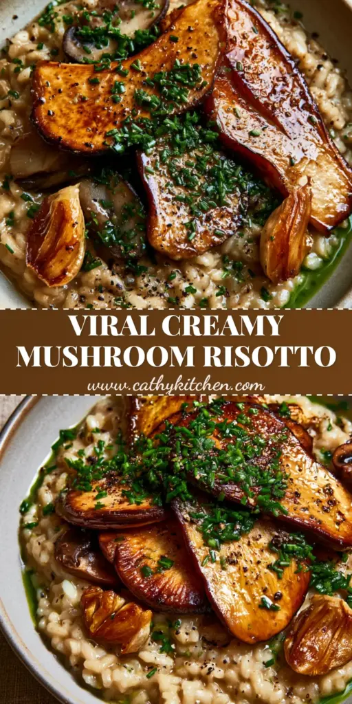 A luxurious plate of Vegan Mushroom Risotto featuring glossy arborio rice topped with charred king oyster mushrooms and bright green herb oil.