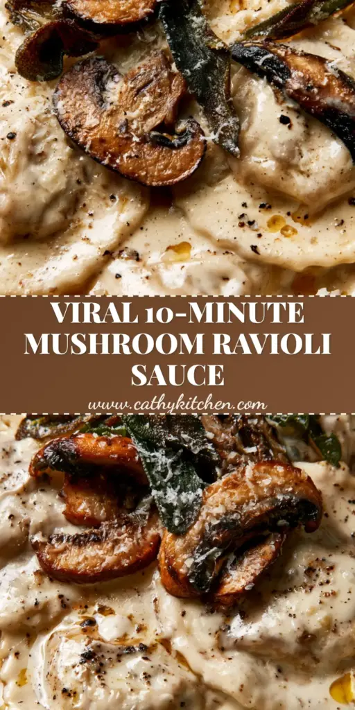 A shallow rustic bowl of large mushroom ravioli coated in glossy garlic cream sauce with brown butter droplets and crispy sage.