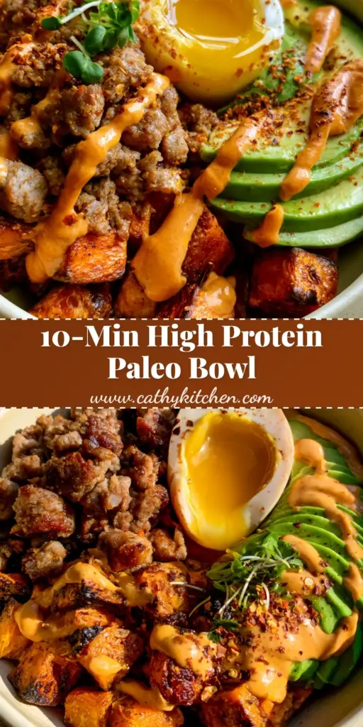 A vibrant Paleo breakfast bowl in a ceramic dish with charred sweet potatoes, crispy sausage, jammy eggs, and avocado drizzle.