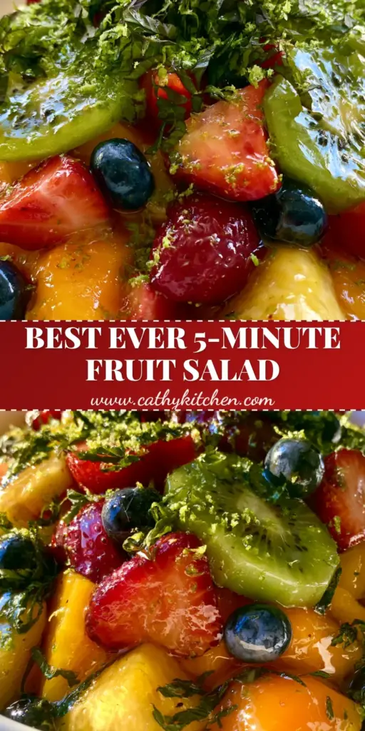 A wide white bowl overflowing with a honey lime fruit salad featuring glistening strawberries, mango, and mint ribbons on a marble countertop.