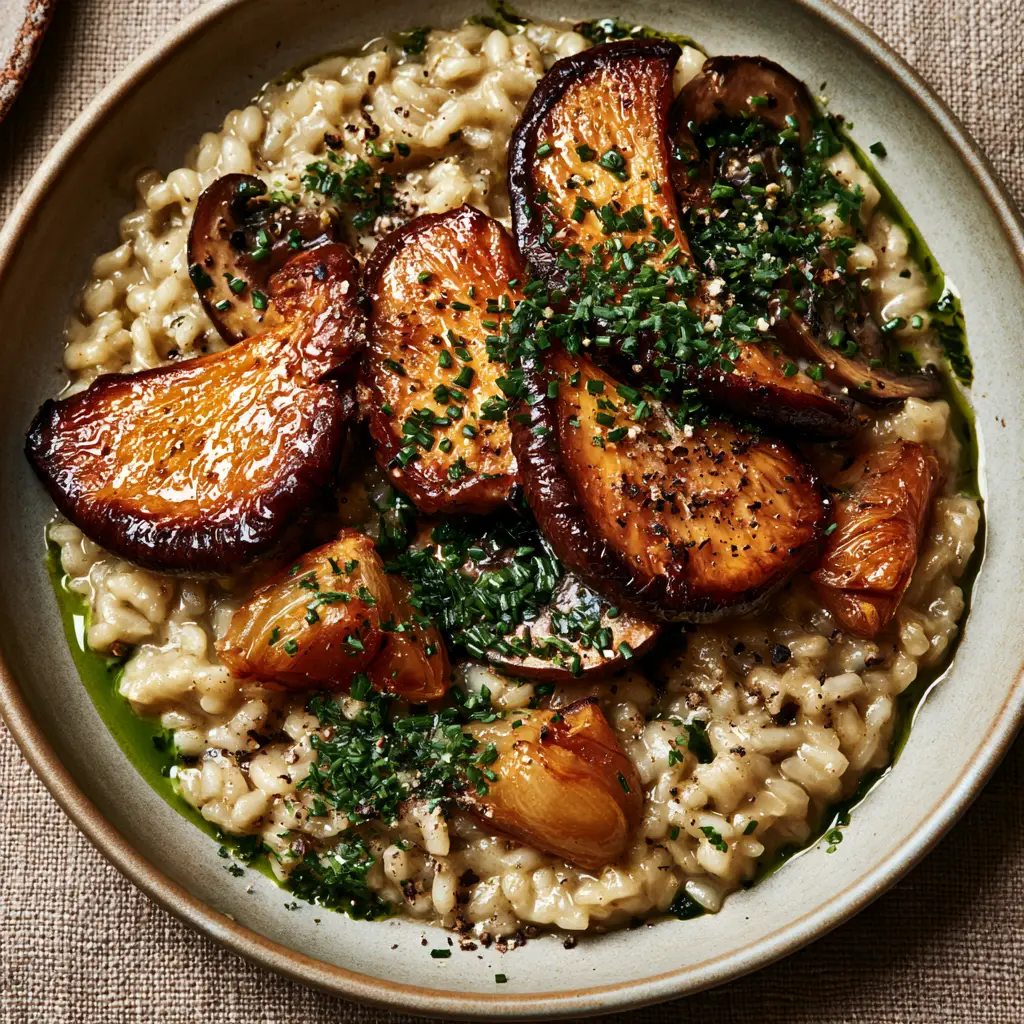 45-degree angle close-up of Vegan Mushroom Risotto showing jammy roasted garlic and herb oil drizzle.