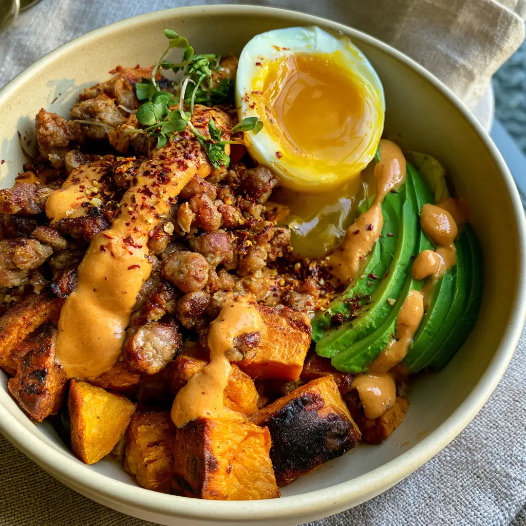 Extreme close-up of charred sweet potato cubes and crispy breakfast sausage in a Paleo breakfast bowl.