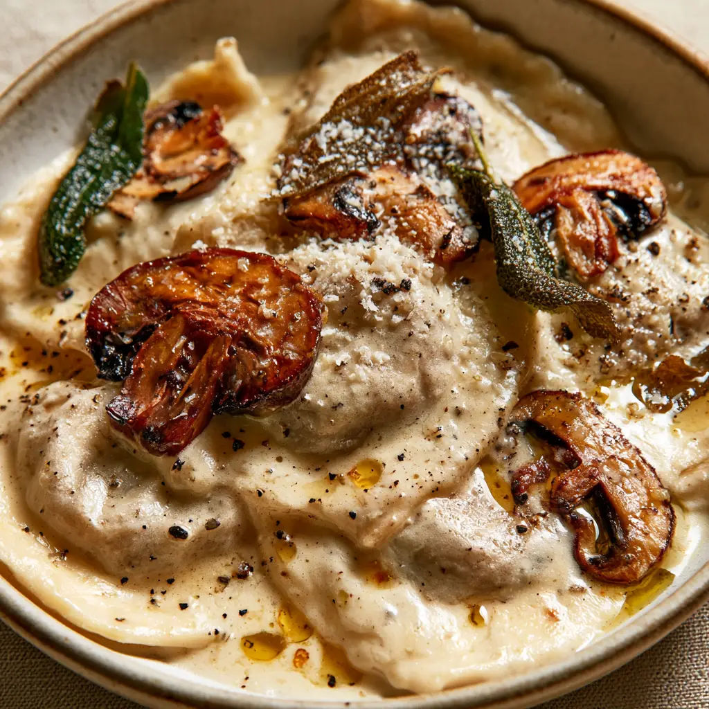 Close-up of golden brown butter droplets and cracked black pepper on creamy mushroom ravioli.