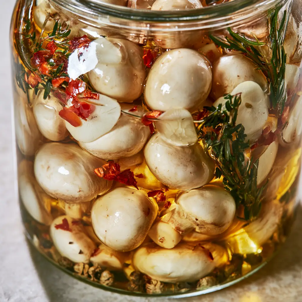 Marinated Mushrooms: The Ultimate Glossy Herb-Infused Appetizer 2 A macro shot of plump white marinated mushrooms glistening in a translucent herb oil with garlic and red pepper flakes. (marinated mushrooms)