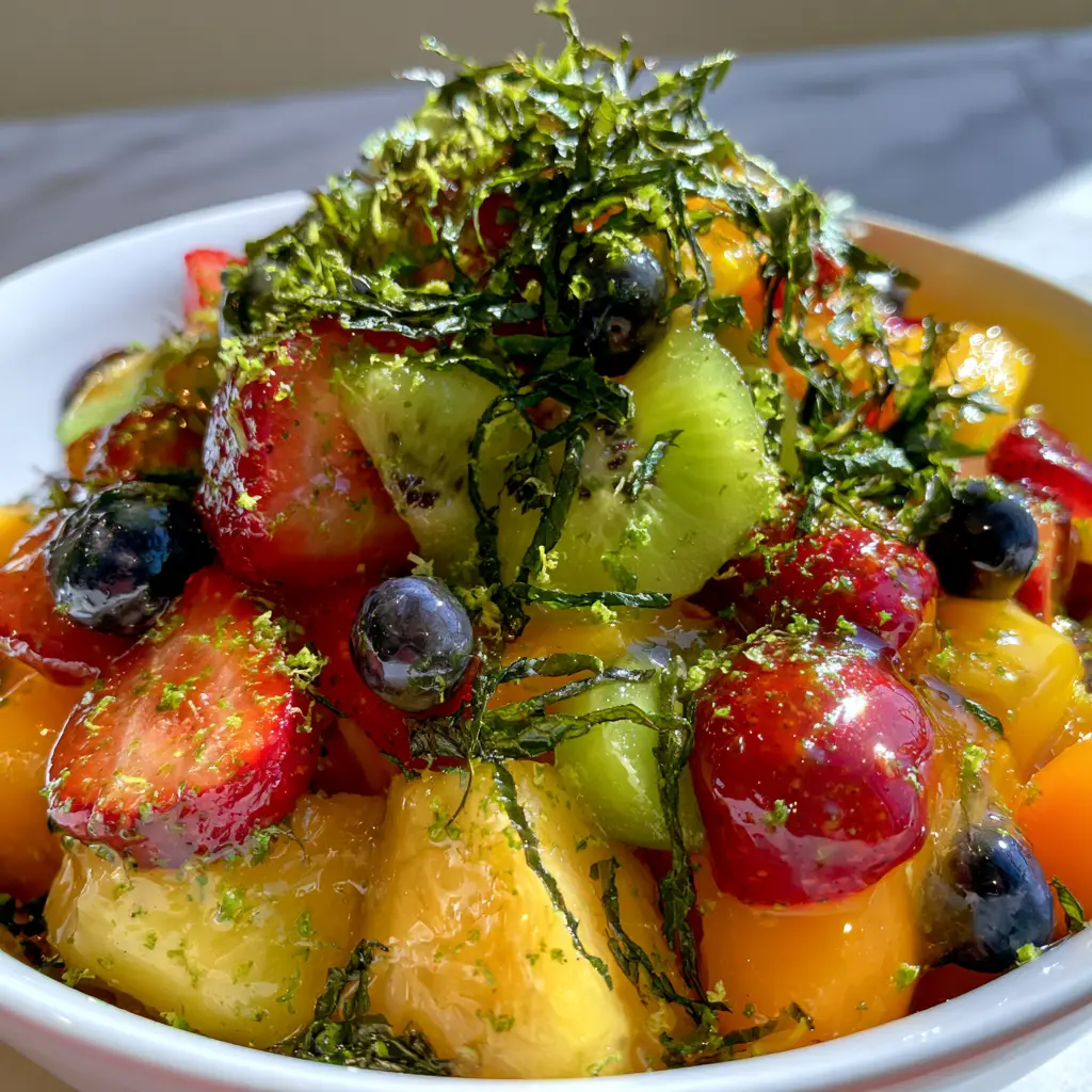 Macro photo of honey lime fruit salad showing thick slices of kiwi, strawberries, and a glossy honey glaze under natural light.