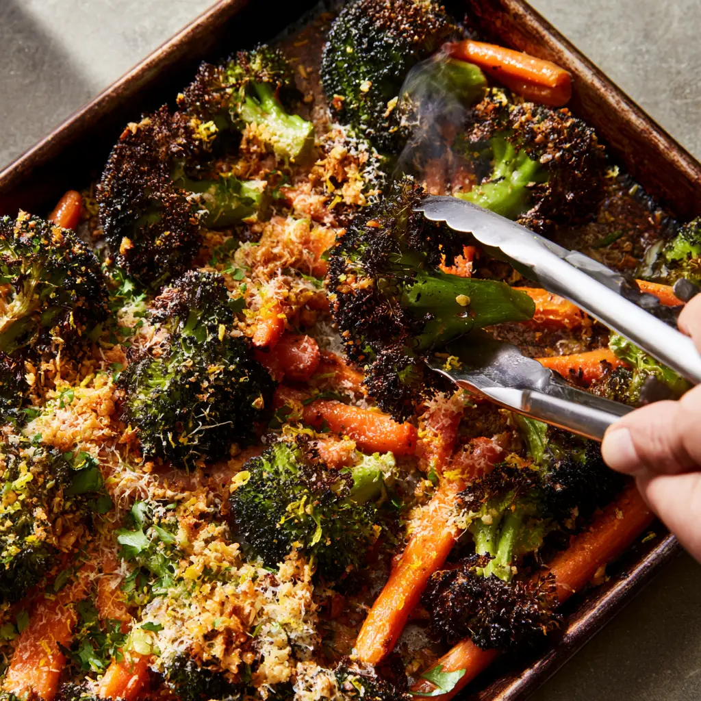 Roasted Broccoli and Carrots with Crispy Garlic Parmesan Crust 1 A hand using silver tongs to lift a perfectly charred floret from a pan of roasted broccoli and carrots.