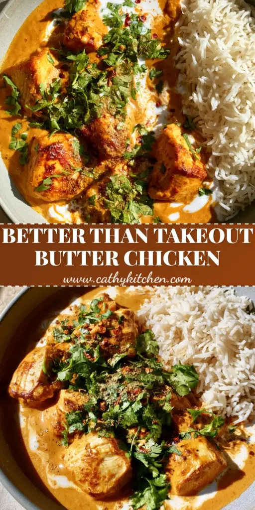 A top-down view of Dairy Free Butter Chicken in a grey bowl featuring seared chicken chunks and swirls of white coconut cream.