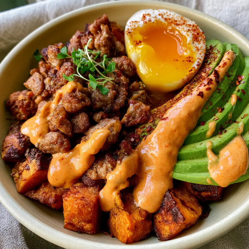 Detailed shot of a glistening jammy soft-boiled egg yolk and sliced avocado in a Paleo breakfast bowl.