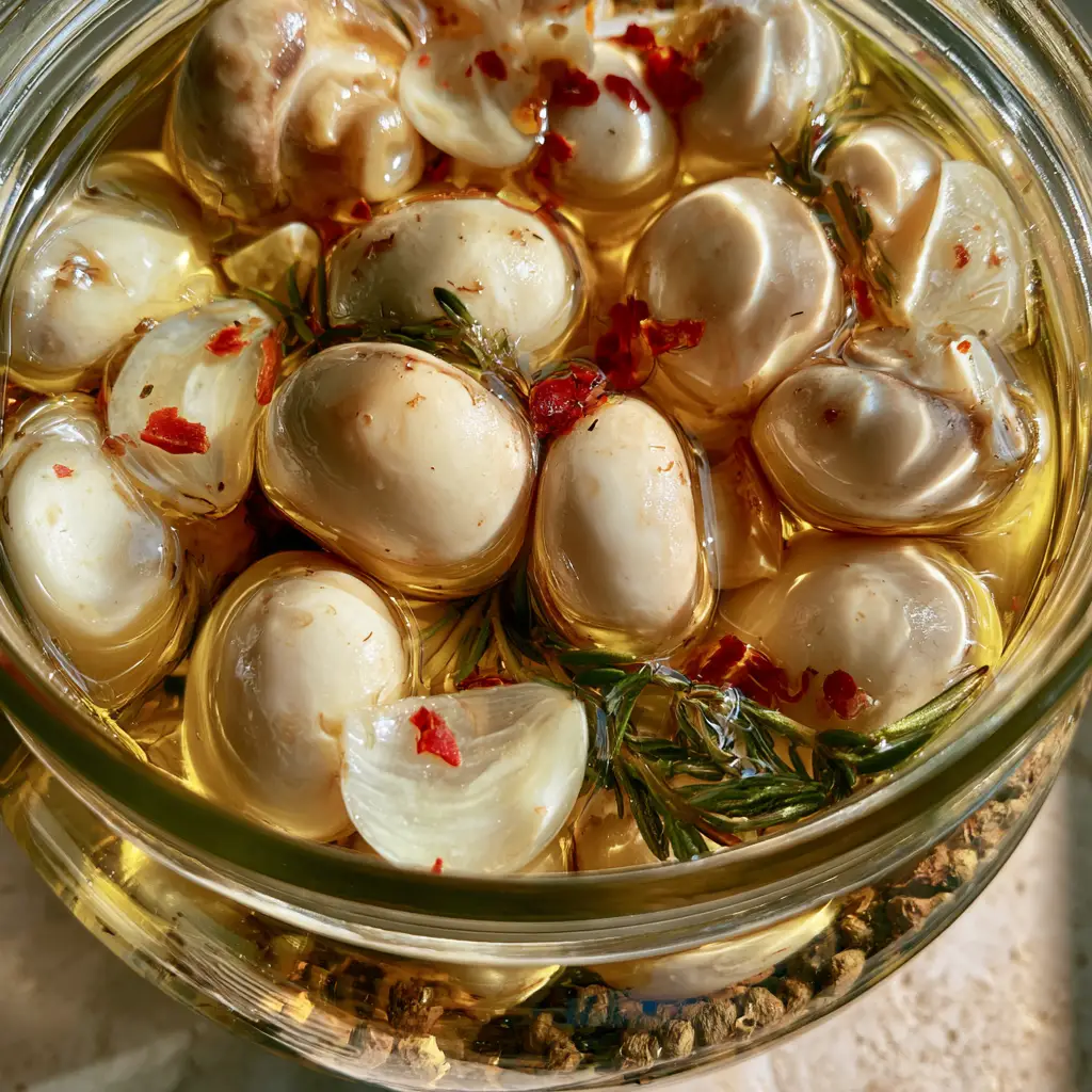 Marinated Mushrooms: The Ultimate Glossy Herb-Infused Appetizer 1 Artisanal glass jar overflowing with marinated mushrooms, showing rosemary sprigs and paper-thin garlic slices.
