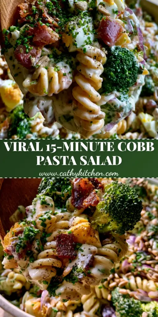 A close-up vertical shot of Cobb Style Broccoli Pasta Salad being scooped with a wooden spoon, showcasing vibrant broccoli, eggs, and bacon.