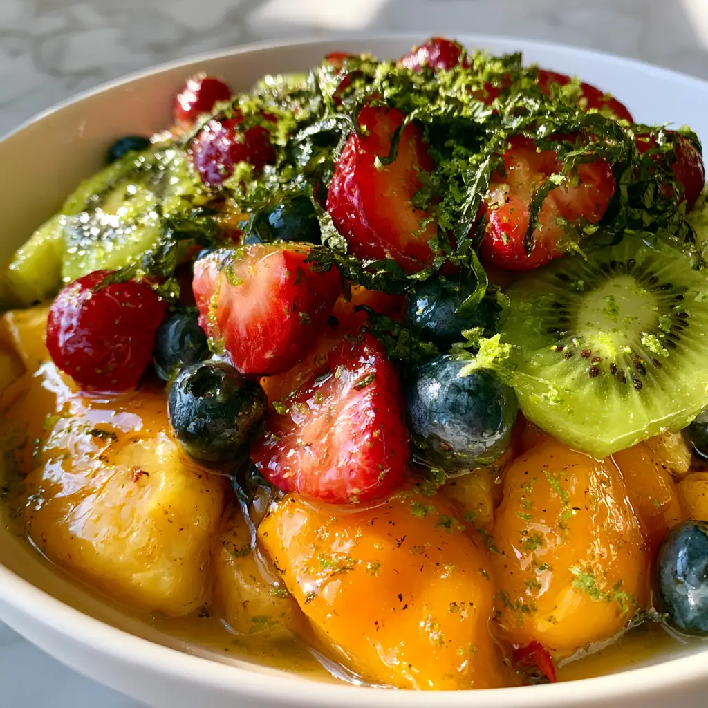Close up shot of fresh mint julienne and lime zest on top of a vibrant honey lime fruit salad.
