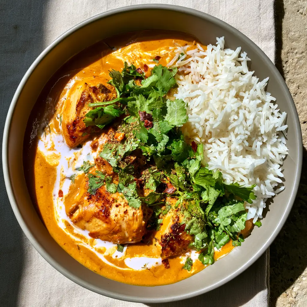 Close-up of the thick orange-gold tomato-coconut sauce and swirls of bright white coconut cream in the Dairy Free Butter Chicken.