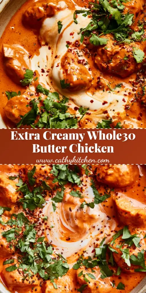 A rustic matte ceramic bowl filled with creamy Whole30 Butter Chicken topped with a coconut cream swirl, cilantro, and kalonji seeds.