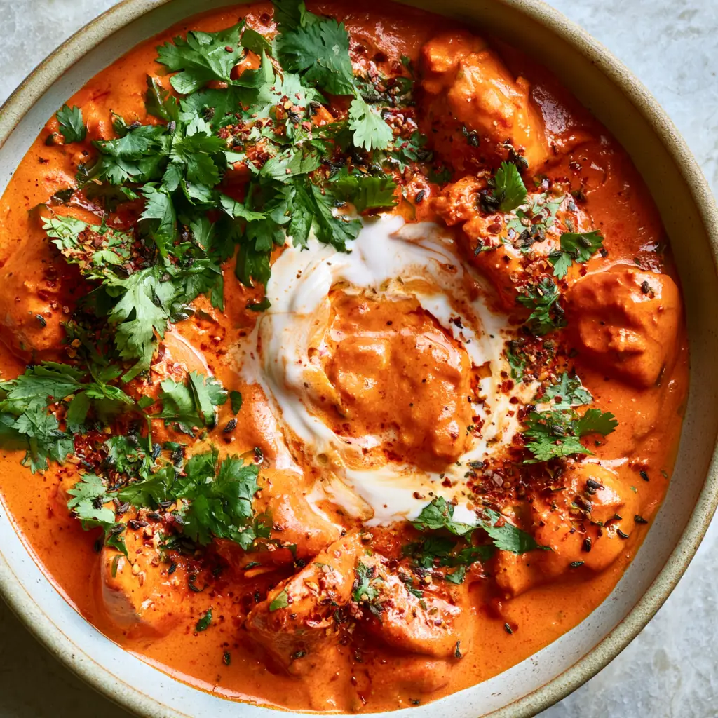 Top down view of Whole30 Butter Chicken in a matte ceramic bowl showing the coconut cream drizzle and red chili flake garnish.