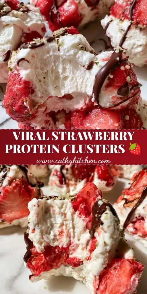 A pile of frozen greek yogurt bites with strawberry chunks and chocolate drizzle on a marble surface.