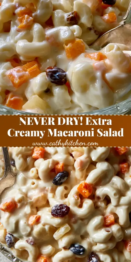 A vertical Pinterest pin showing a close-up of creamy sweet macaroni salad with raisins, cheddar cubes, and ham in a glossy white dressing.