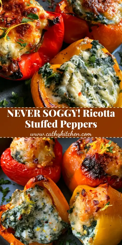 A vertical shot of vibrant roasted ricotta stuffed peppers with blistered skin and a golden toasted parmesan topping.