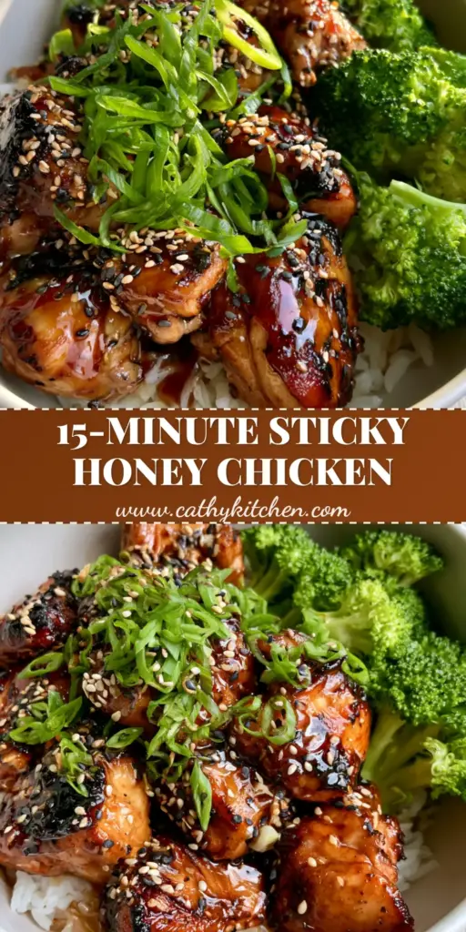 A close-up vertical shot of a honey chicken bowl featuring charred chicken, dark honey glaze, and sesame seeds over rice.